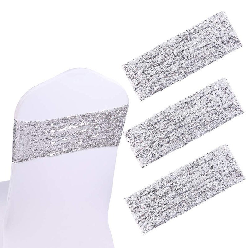 Aulufft Sequin Spandex Chair Sash 50 Pcs Silver Sequin Sashes Chairs Silver Stretch Spandex Bands Sparkling Chair Cover Decorations for Wedding Banquet Party Festival Shining (5.9"X13.78") - Image 1